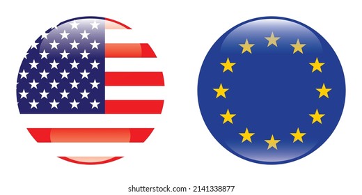 Flags of the European Union and the United States. Circular icon. Standard color. Digital illustration. Computer illustration. Vector illustration.