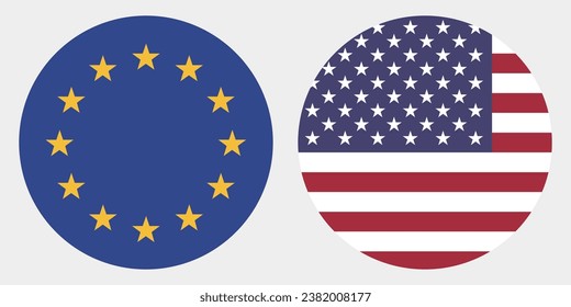 Flags of the European Union and the United States of America. Button flag icon. Standard color. Circle icon flag. Computer illustration. Digital illustration. Vector illustration.