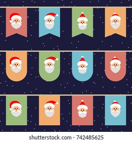 Flags with the face of Santa on a rope. Seamless pattern. Christmas funny background.  Vector illustration. Flat style.