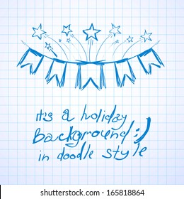 Flags and fireworks. Holiday background in doodle style