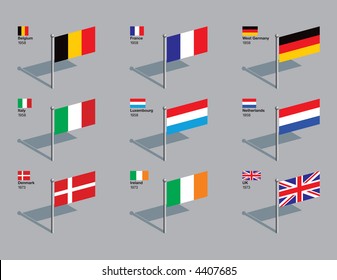 Flags of first 9 countries of the EU (Belgium, France, West Germany, Italy, Luxembourg, Netherlands, Denmark, Ireland, UK), with the year they joined. Drawn in CMYK and placed on individual layers.