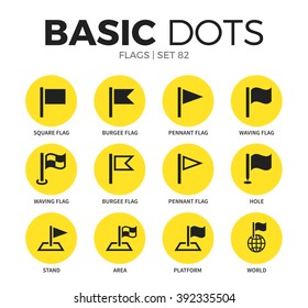 Flags flat icons set with square flag form, waving flag form and burgee flag form isolated vector illustration on white