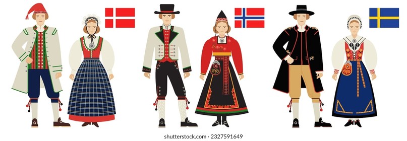 flags and folk costumes of the Scandinavian countries. couples of young people in traditional clothes of Denmark, Norway, Sweden isolated on a white background. flat drawing in cartoon style. EPS 10.