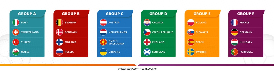 Flags of football tournament sorted by group on football background. Circle flag collection.
