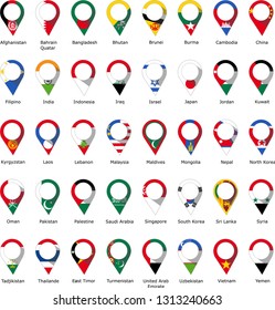 Flags in the form of a pin from Asian and Eastern countries with their names written below
