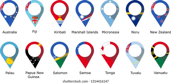 Flags in the form of a pin of the countries of Oceania with their names written below