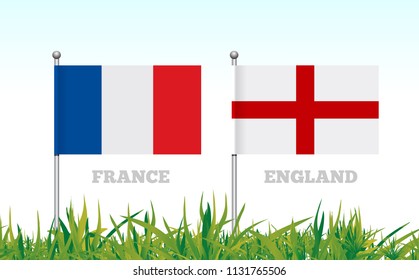 Flags of France and England against the backdrop of grass football stadium. Vector
