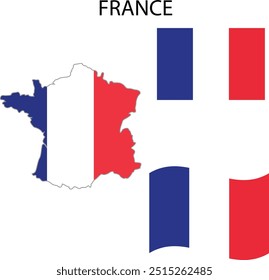 Banderas de Francia. Diseño de elemento plano. Bandera Nacional. Fondo aislado blanco. Vector del mapa de la bandera de Francia. Banderín realista y mapa con la bandera de Francia