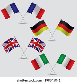 a lot of flags of france, germany, united kingdom and italy in grey background