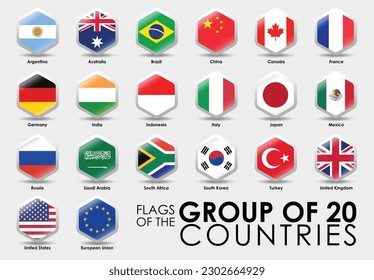 Flags of the G20 Countries. Simple Hexagon shape design. National flags icon set. Vector illustration on gray background