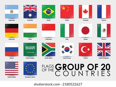 Flags of the G20 Countries Vector illustration. Square shaped flags