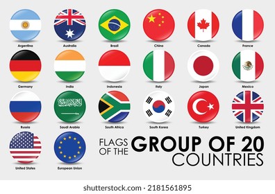 Flags of the G20 Countries Vector illustration. Round shaped flags