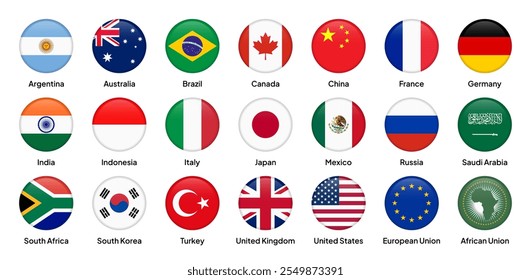 Bandeiras de países do G20 (Grupo dos Vinte) em formas redondas, incluindo os EUA, China, Índia, Japão, Alemanha, França, Reino Unido, Brasil, Austrália, Indonésia, Arábia Saudita e outros. Ilustração vetorial.