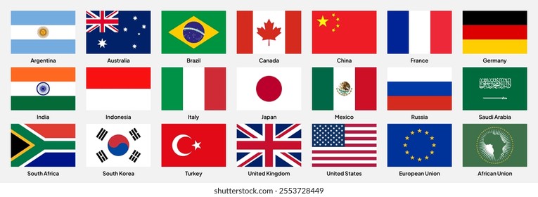 Flags of G20 (Group of Twenty) countries in rectangular shapes (with a 3:2 ratio). Vector illustration.