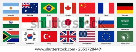 Flags of G20 (Group of Twenty) countries in rectangular shapes (with a 3:2 ratio). Vector illustration.