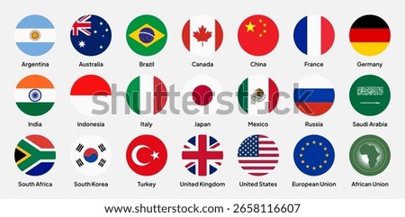 Flags of G20 (Group of Twenty) countries in flat round shapes, including the USA, China, India, Japan, Germany, France, UK, Brazil, Australia, Indonesia, Saudi Arabia, and others. Vector illustration.