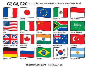 Flags of G20 member countries. Flags are hand-drawn illustrations.