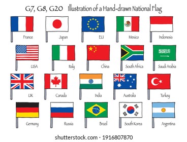 Flags of G20 member countries. Flags are hand-drawn illustrations.