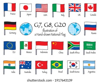 Flags of G20 member countries. Flags are hand-drawn illustrations.