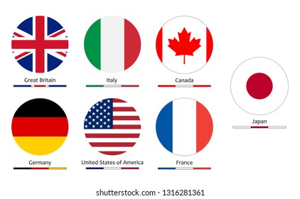 Flags of G7 countries. All official national flags of G7: Canada, France, Germany, Italy, Japan, the United Kingdom, the United States of America.  Simple circle flags vector design