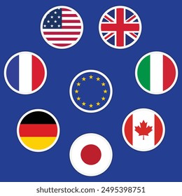 Banderas de los países del G7 y de la Unión Europea. Iconos de banderas redondas con sombras debajo. 