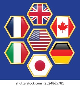 Flags of the G7 countries. Gold hexagon-shaped flag icons with shadows underneath