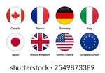 Flags of G7 (Group of Seven) countries in round shapes, including the USA, Canada, UK, France, Germany, Italy, Japan, and the European Union (participant). Vector illustration.