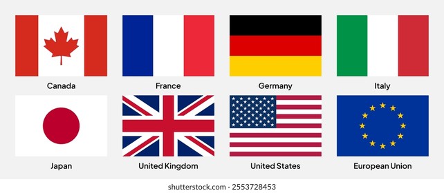 Flags of G7 (Group of Seven) countries in rectangular shapes (with a 3:2 ratio). Vector illustration.