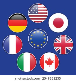 Flags of the G7 members and the European Union. Round shiny flag icons with shadows underneath