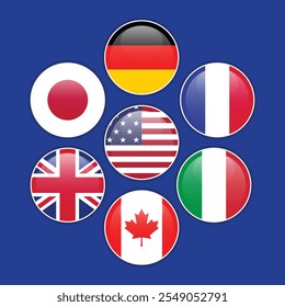 Flags of the G7 members. Round shiny flag icons with shadows underneath