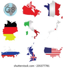 Flags of the G8 member countries overlaid on outline map isolated on white background Canada shown solid colour due to copyright restrictions