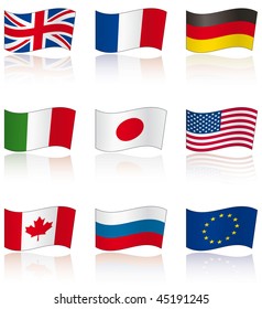 Flags of G8 members (and EU) with reflection on white background