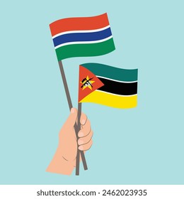 Flags the Gambia and Mozambique, Hand Holding flags