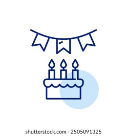 Flags garland and birthday cake with candles. Celebration party. Pixel perfect, editable stroke icon