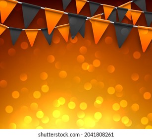 Flags garland with orange bokeh lights. Vector holiday illustration.