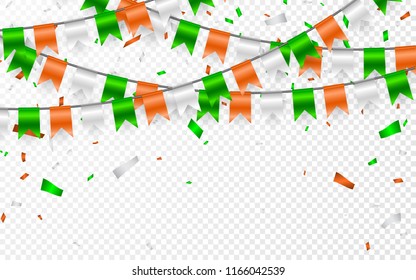 Flags Garland to St. Patrick's Day. Party background with flags garland. Garlands of orange white green flags and foil confetti. Vector illustration.