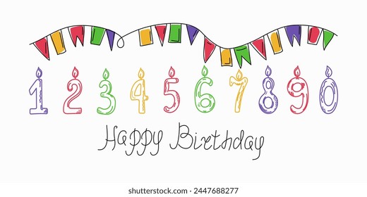 Banderas, guirnaldas y números con velas en estilo doodle. Feliz cumpleaños, letras a mano, dibujos, bocetos. Números del 1 al 10. Decoraciones de Festiva, diseño de tarjetas, Anuncio.