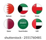 Flags of GCC (Gulf Cooperation Council) member countries in round shapes, including Saudi Arabia, United Arab Emirates, Qatar, Kuwait, Oman, and Bahrain. Vector illustration.