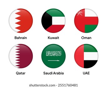 Bandeiras de países membros do CCG (Conselho de Cooperação do Golfo) em formas redondas, incluindo Arábia Saudita, Emirados Árabes Unidos, Catar, Kuwait, Omã e Bahrein. Ilustração vetorial.