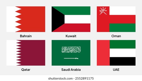 Flags of GCC (Gulf Cooperation Council) member countries in rectangular shapes (with a 3:2 ratio). Vector illustration.