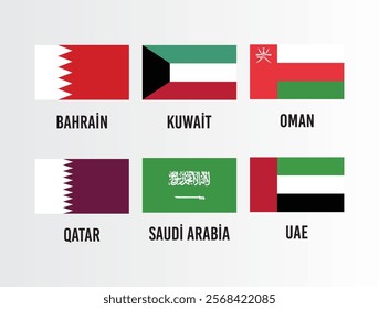 Flags of GCC (Gulf Cooperation Council) member countries with a rectangular shape (3:2 ratio). Vector illustration.