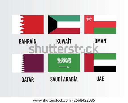 Flags of GCC (Gulf Cooperation Council) member countries with a rectangular shape (3:2 ratio). Vector illustration.
