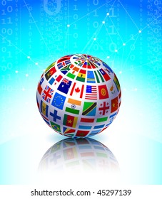 Flags Globe on Binary Code Background Original Vector Illustration