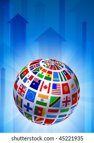 Flags Globe on Blue Arrow Background Original Vector Illustration