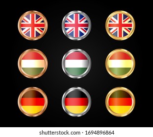 Flags of Great Britain, Hungary, Germany in round shape with gold, silver and bronze gradient.