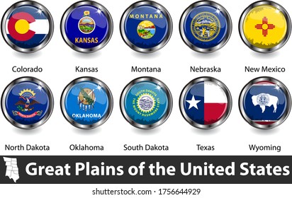 Flags Of Great Plains Region In The United States. Vector Image