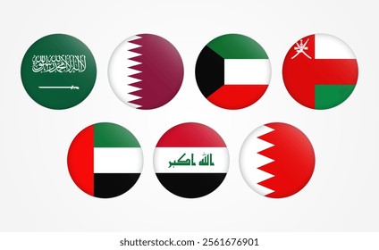 Flags of the Gulf Cooperation Council countries in circular design. GCC national flags in circular icons. vector illustration 