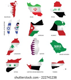 Flags of Gulf Sates overlaid on outline maps isolated on white background 