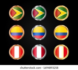 Flags of Guyana, Colombia and Peru in round frames with gold, silver and bronze gradient.