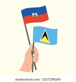 Flags of Haiti and Saint Lucia, Hand Holding flags